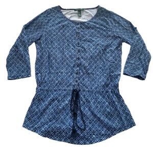 Lauren Ralph Lauren Top XL Blue Geometric Floral All Over Drawstring